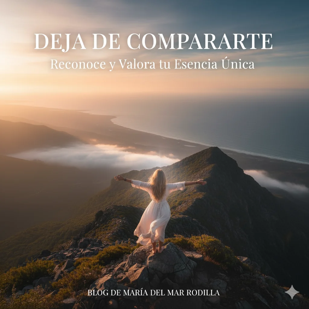 Mujer de espaldas con brazos abiertos en la cima de una montaña reconociendo su esencia .