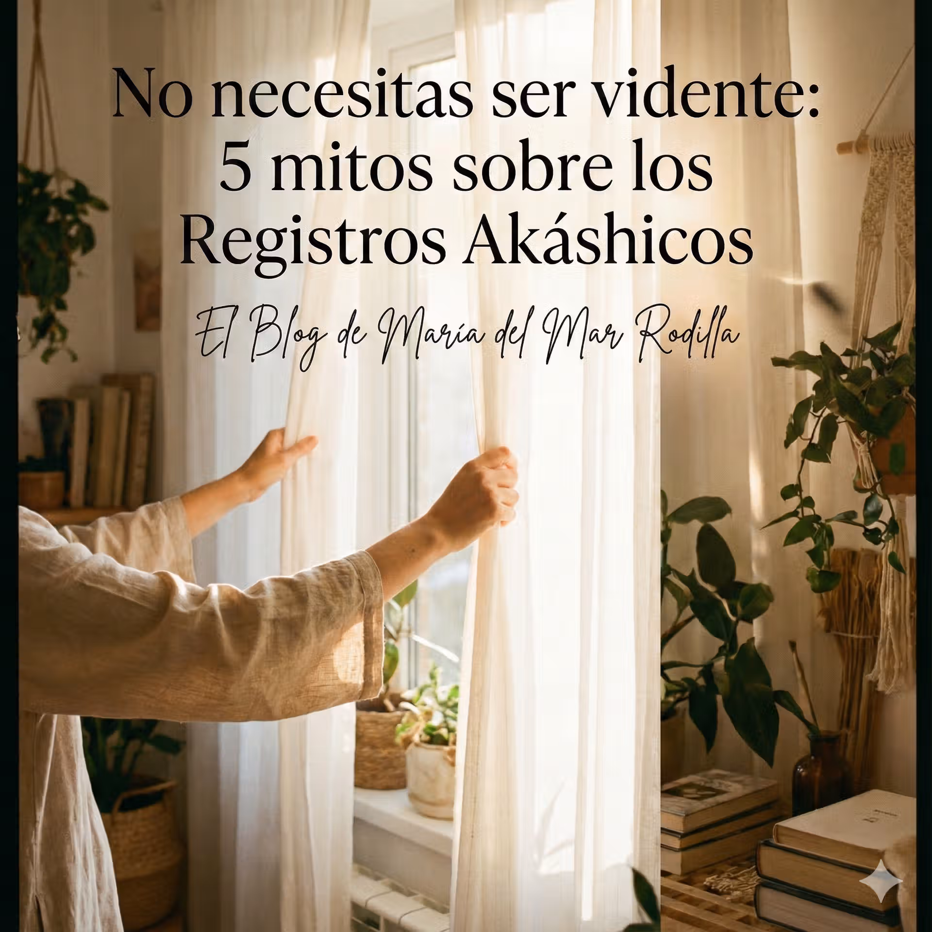 Mujer abriendo cortinas dejando entrar la luz, simbolizando la claridad al desmentir mitos sobre los Registros Akáshicos.